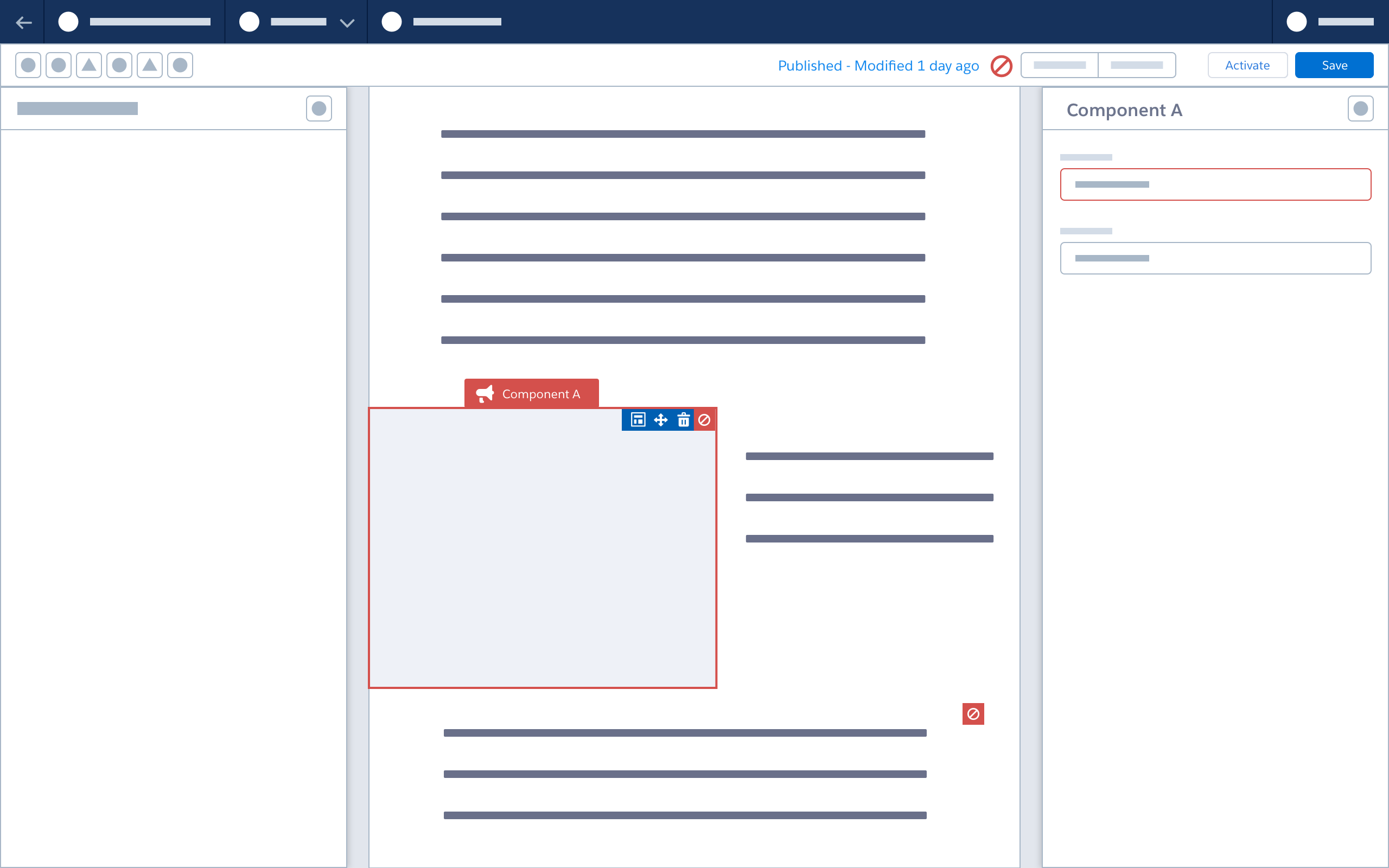 A wireframe showing an error icon in the builder header and the component with the error highlighted.